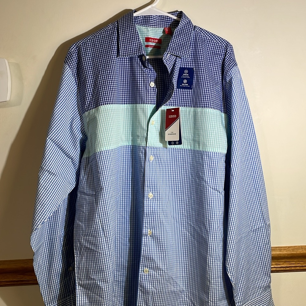 IZOD Gingham Dress Shirt men large No Iron Stretch fabric Blue Green NWT